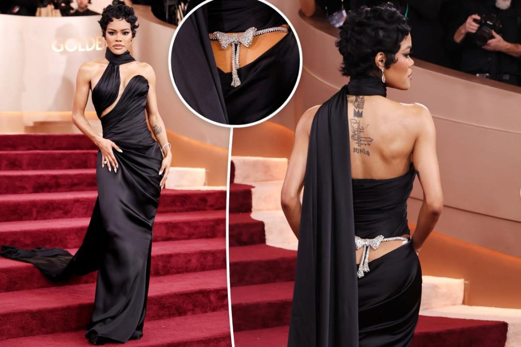Teyana Taylor blings out her behind in bedazzled thong on the Golden Globes 2026 red carpet