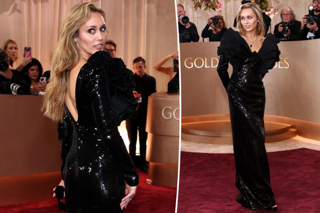 Miley Cyrus delivers dark drama with black sequins and bold shoulders at Golden Globes 2026