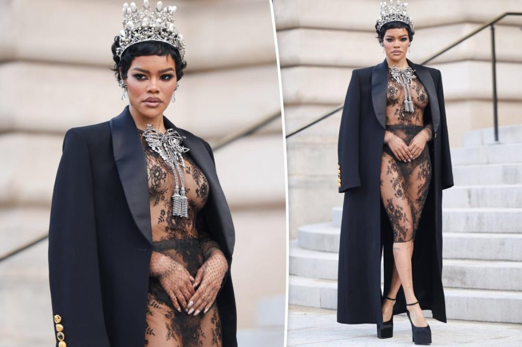 Teyana Taylor is the queen of Paris Fashion Week in see-through lace Schiaparelli set and pearl crown