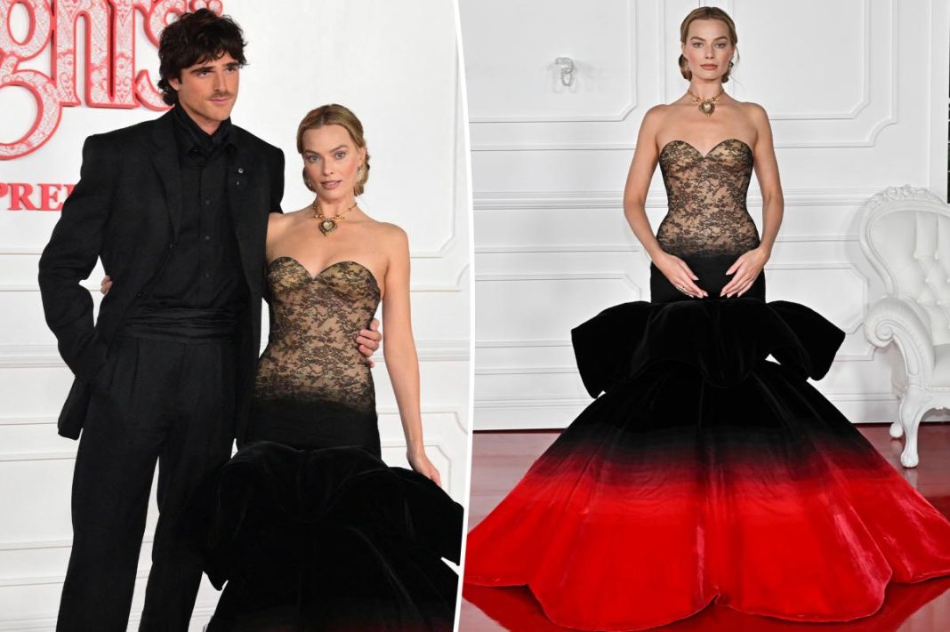 Margot Robbie rocks striking crimson and black gown alongside Jacob Elordi at ‘Wuthering Heights’ premiere