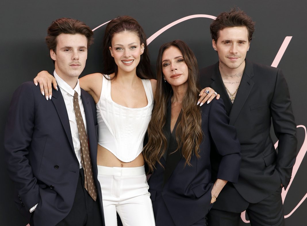 Cruz Beckham, Nicola Peltz Beckham, Victoria Beckham and Brooklyn Peltz Beckham attend the premiere of "Lola" at Regency Bruin Theatre on February 03, 2024 in Los Angeles, California. 