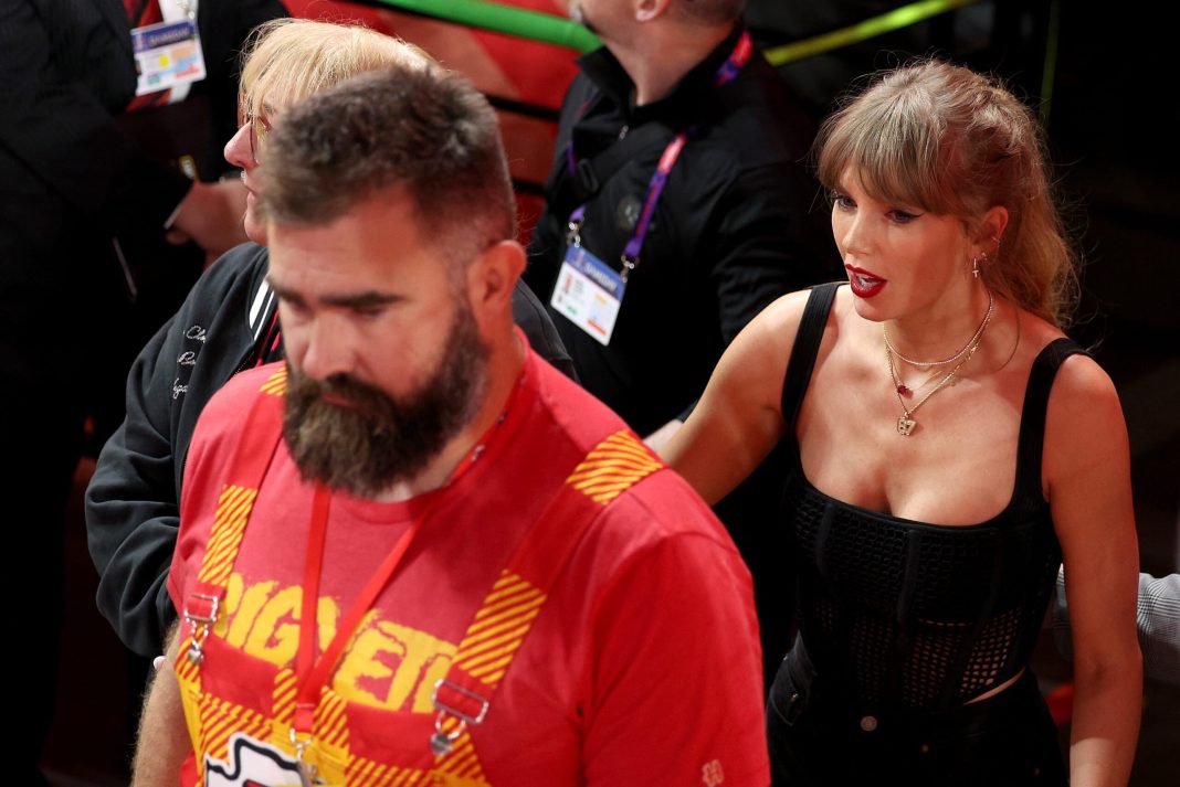 Jason Kelce, Donna Kelce and Taylor swift celebrate after the Kansas City Chiefs defeated the San Francisco 49ers during Super Bowl LVIII at Allegiant Stadium on February 11, 2024 in Las Vegas, Nevada.