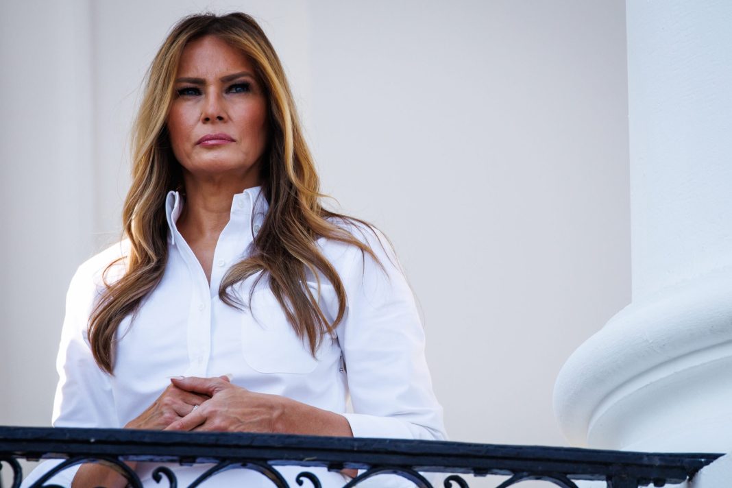 First lady Melania Trump listens as U.S. President Donald Trump (not pictured) delivers remarks during an Independence Day military family picnic on the South Lawn of the White House on July 04, 2025 in Washington, DC. 