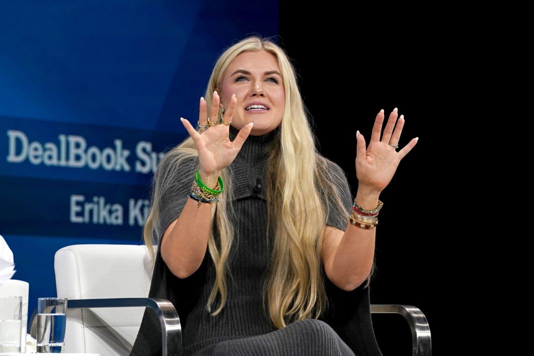 Erika Kirk speaks onstage during The New York Times DealBook Summit 2025 at Jazz at Lincoln Center on December 03, 2025 in New York City.  