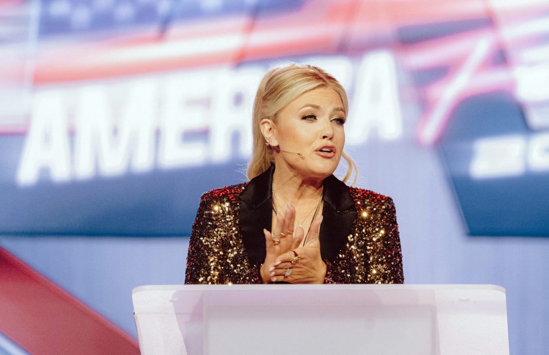 Turning Point USA CEO Erika Kirk, widow of right-wing political activist Charlie Kirk, speaks during Turning Point