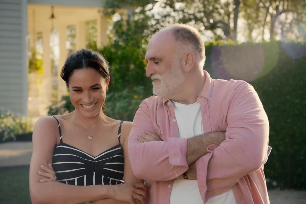 Meghan Markle chats with Jose Andres in a scene from her Netflix lifestyle show.