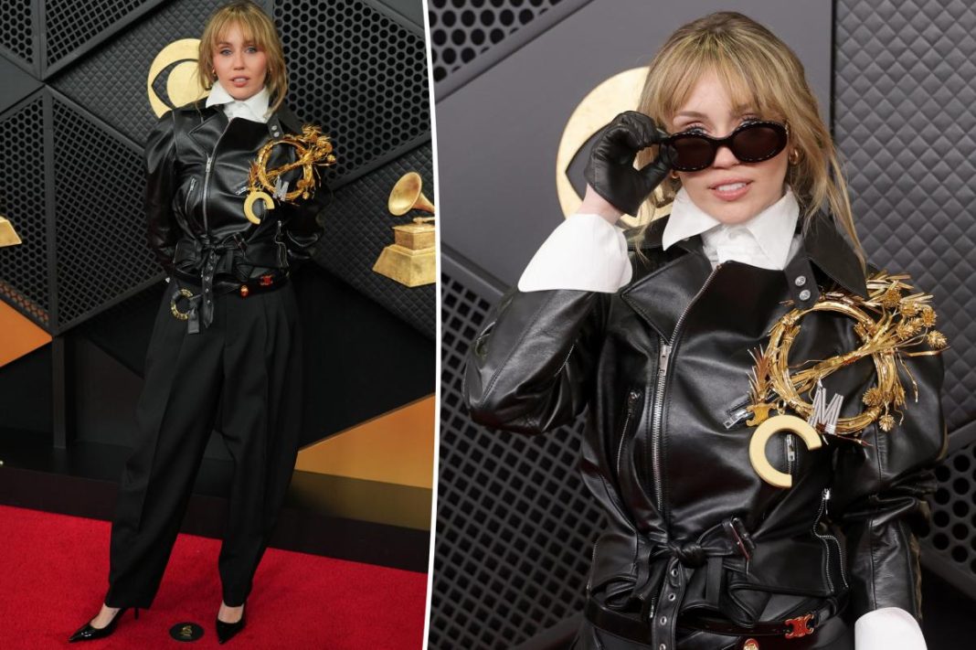 Miley Cyrus goes rock ‘n’ roll in black leather on Grammys 2026 red carpet