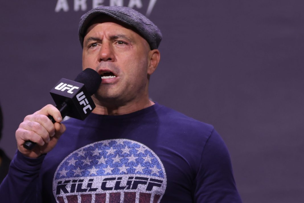 Joe Rogan introduces fighters during the UFC 269 ceremonial weigh-in  at MGM Grand Garden Arena on December 10, 2021 in Las Vegas, Nevada. 
