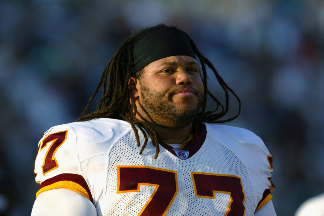 Lineman Tre Johnson #77 of the Washington Redskins on the sidelines during a game against the Jacksonville Jaguars on November 10, 2002  at Alltel Stadium in Jacksonville, Florida.  