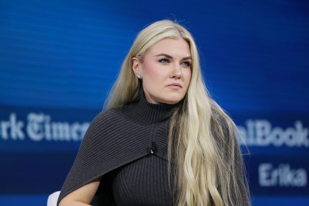 C.E.O. and Chair of the Board of Turning Point USA Erika Kirk sits silently onstage during the 2025 New York Times Dealbook Summit at Jazz at Lincoln Center on December 03, 2025 in New York City. 