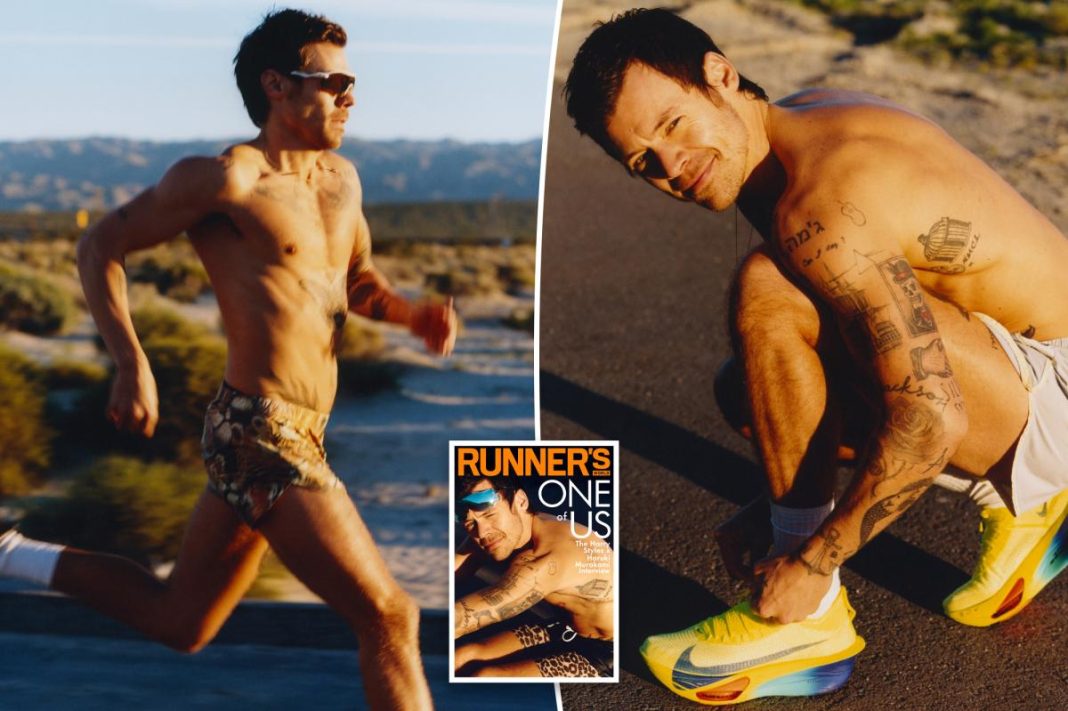 Harry Styles shows off his tattoos in leopard short shorts on Runner’s World cover