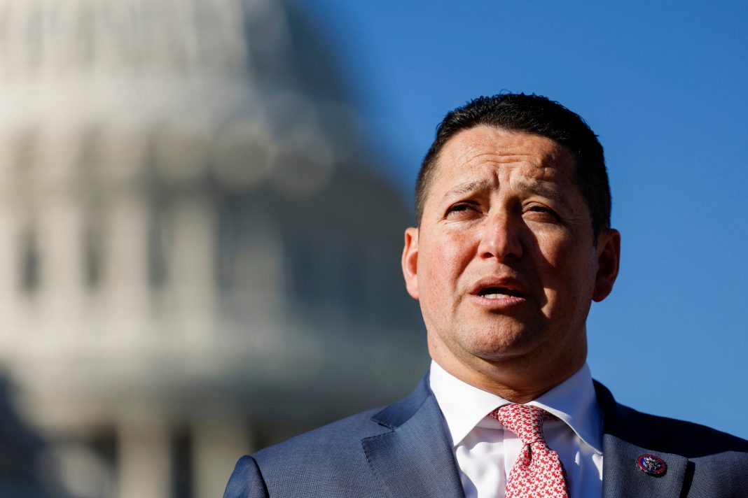 U.S. Rep. Tony Gonzales (R-TX) speaks alongside U.S. Rep. Marjorie Taylor Greene (R-GA) at a news conference on border security outside of the U.S. Capitol Building on November 14, 2023 in Washington, DC.  