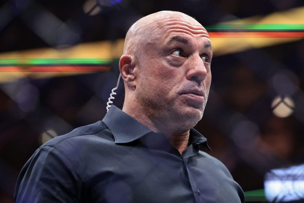 Joe Rogan reacts after a middleweight title bout between Dricus du Plessis of South Africa and Khamzat Chimaev of the United Arab Emirates in UFC 319 at the United Center on August 16, 2025 in Chicago, Illinois. 