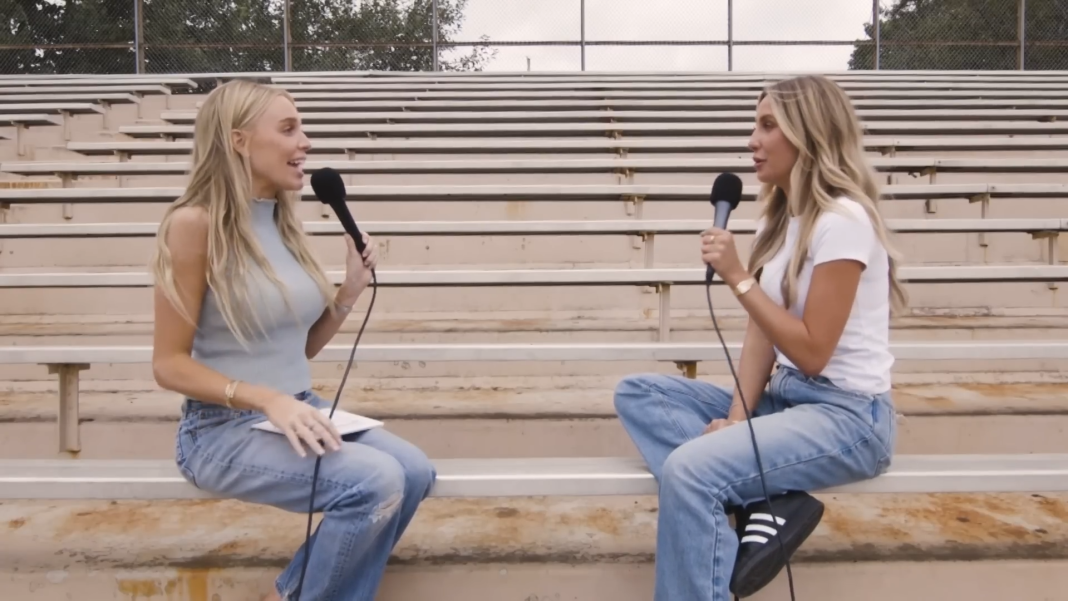 Alex Cooper and Alix Earle on bleachers.