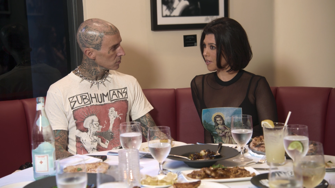 Kourtney Kardashian and Travis Barker on The Kardashians in 2023.