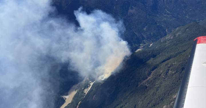 Out-of-control wildfire burning south of Hells Gate in Fraser Canyon
