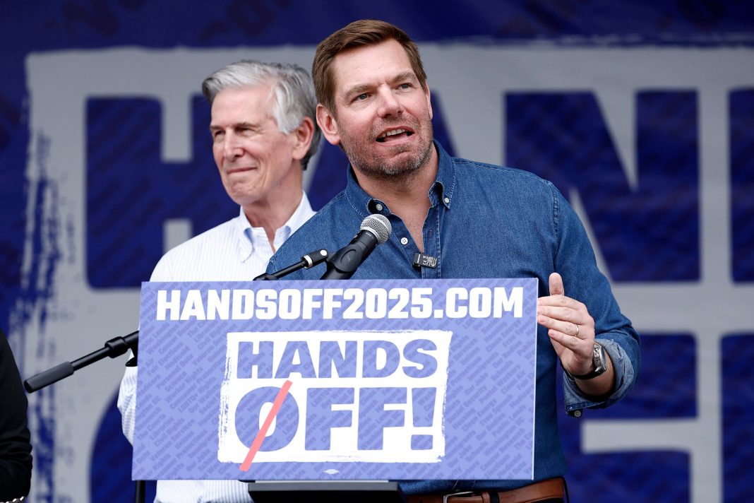 Rep. Eric Swalwell (D-CA) speaks during the Hands Off! day of action against the Trump administration and Elon Musk on April 05, 2025 in Washington, DC.