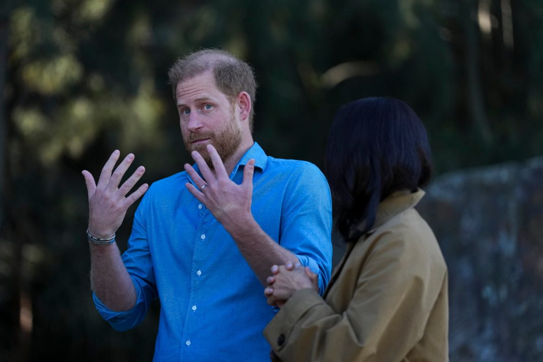 Prince Harry, Duke of Sussex gestures during a Scar Tree Walk on April 16, 2026 in Melbourne, Australia. 