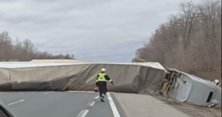 No injuries after transport truck collides with SUV on Highway 403: ‘Truly a miracle’