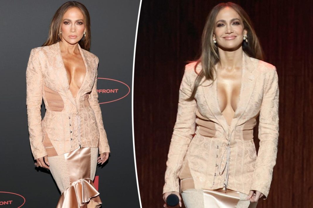 Jennifer Lopez laces up in corset-inspired suit to promote ‘Office Romance’