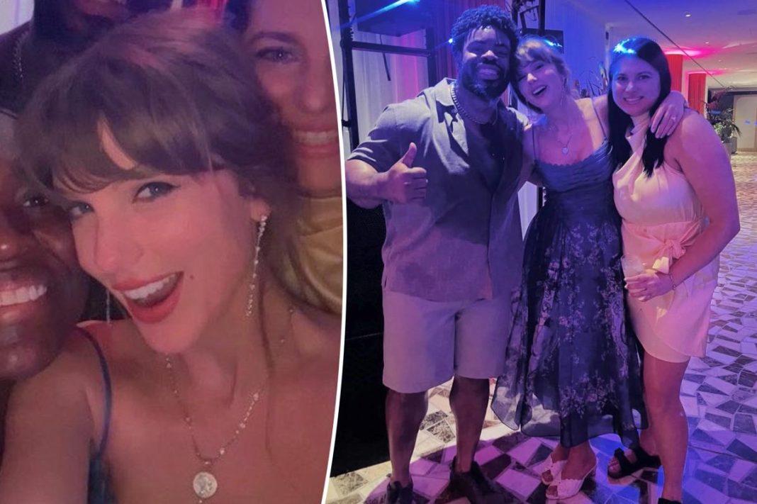 Taylor Swift rocks romantic blue midi-dress in new photos from Chiefs player George Karlaftis’ Greece wedding