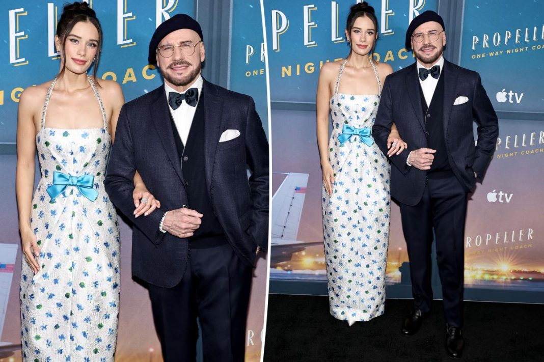 John Travolta and daughter Ella Bleu coordinate in blue at ‘Propeller One-Way Night Coach’ premiere