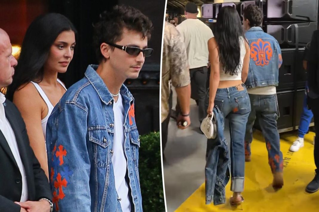 Kylie Jenner and Timothée Chalamet match in custom Knicks-themed denim for NBA Finals