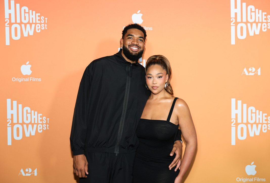Karl-Anthony Towns and Jordyn Woods attend the "Highest 2 Lowest" New York Premiere at Brooklyn Academy of Music on August 11, 2025 in New York City. 