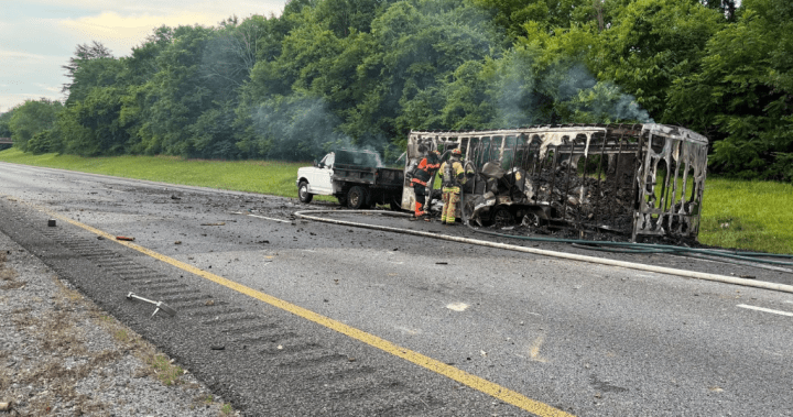 Trailer hauling fireworks catches fire on U.S. highway, igniting a display